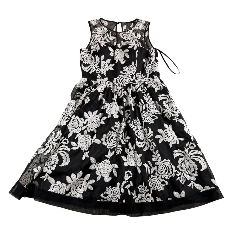 Eliza J Black White Floral Embroidered Mesh Fit Flare Dress Coquette‎ Evening 10 - Picture 2 of 14